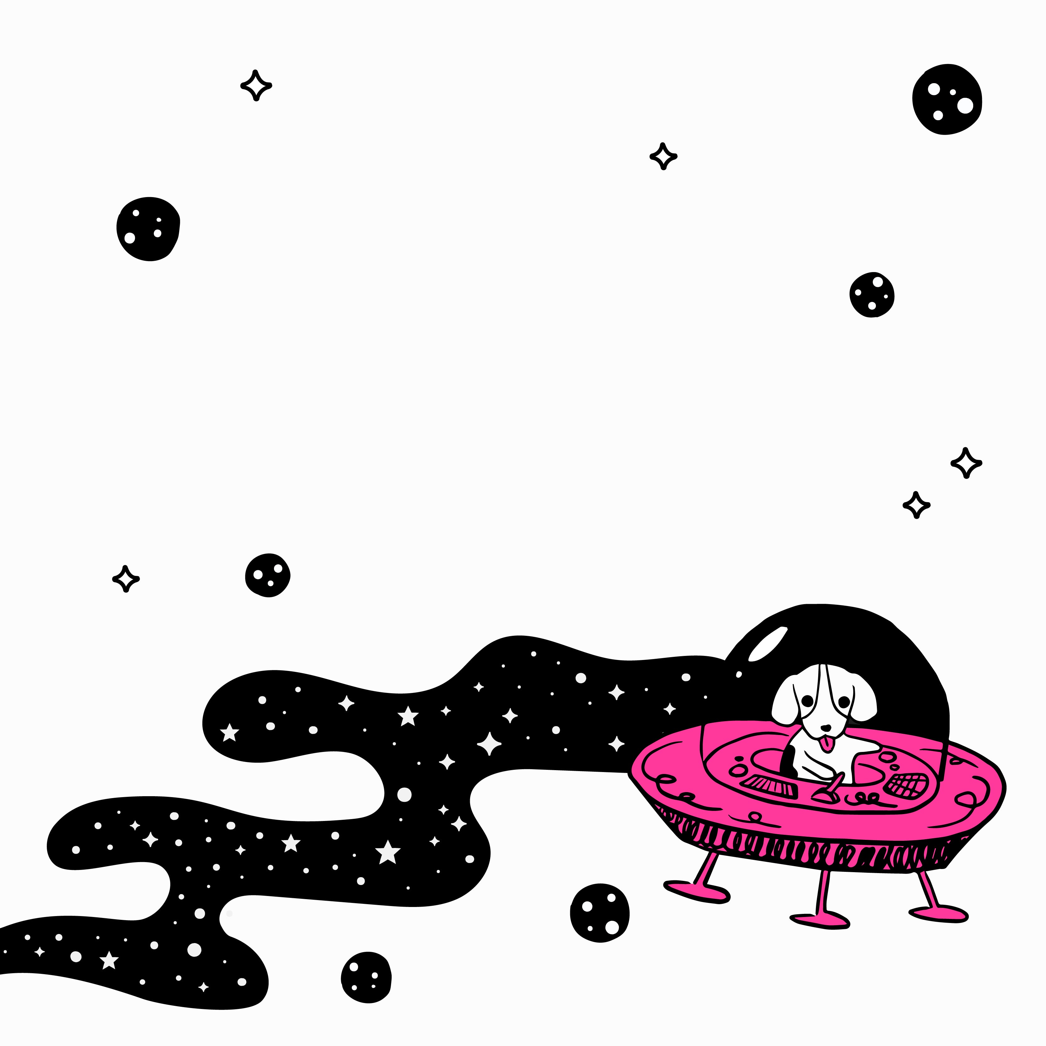 Background design of black swirling clouds and a dog in a UFO 