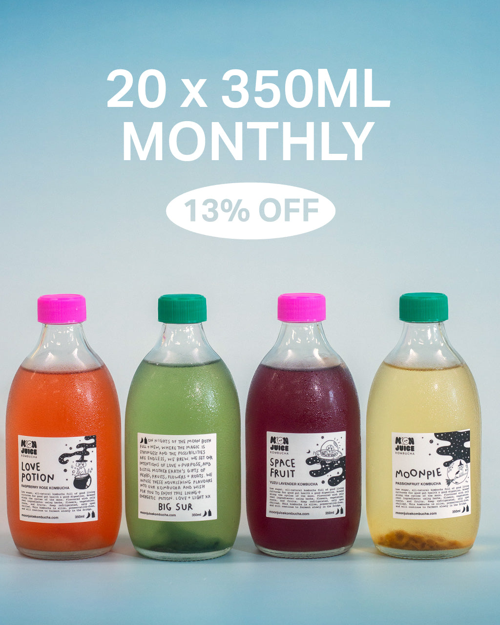 Four bottles of kombucha on a light blue background with "20 x 350ML Monthly, 13% off"
