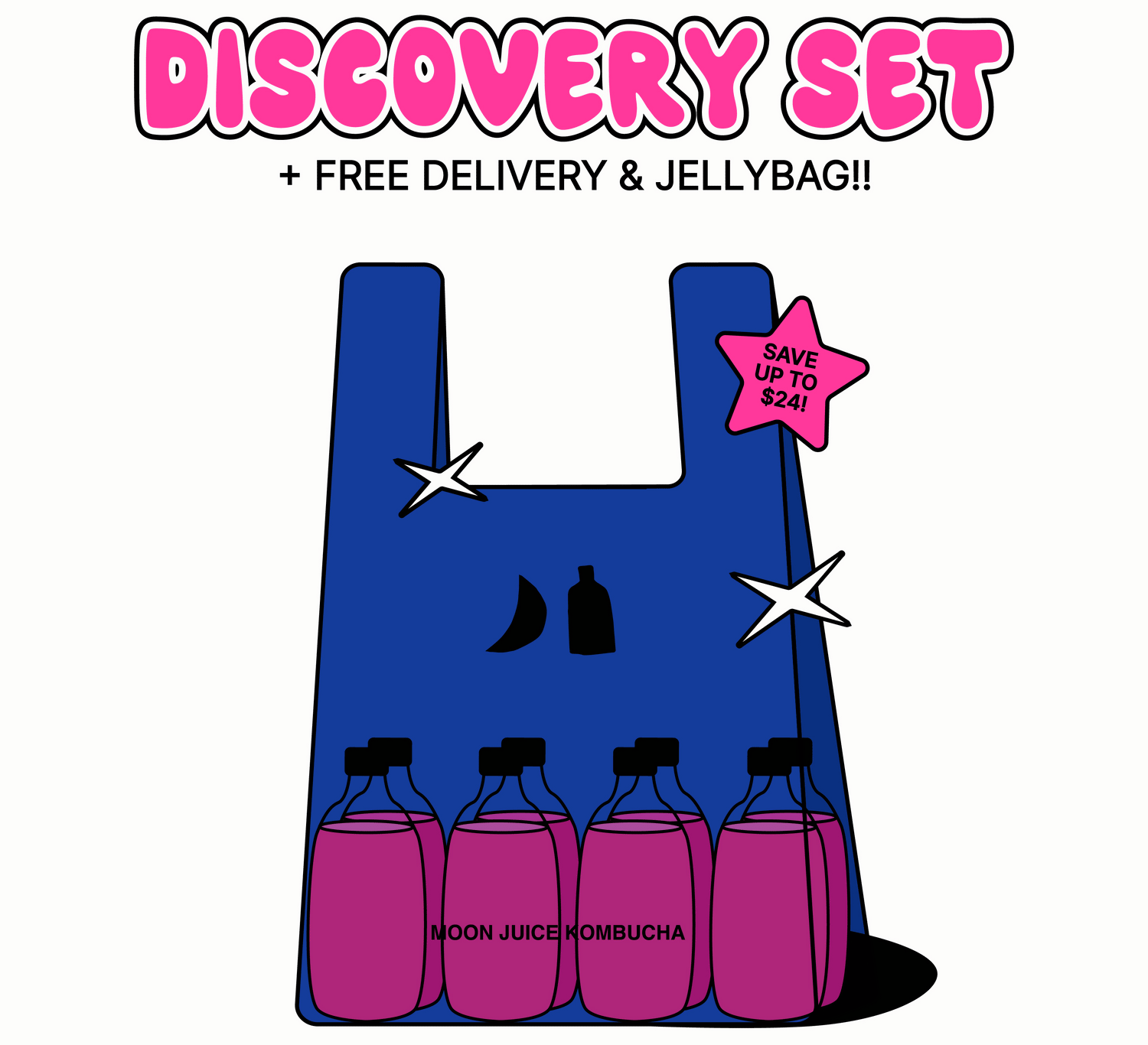 Discovery Set. Free delivery & jellybag! Save up to $24. Image is a vector drawing of a jellybag with 8 bottles