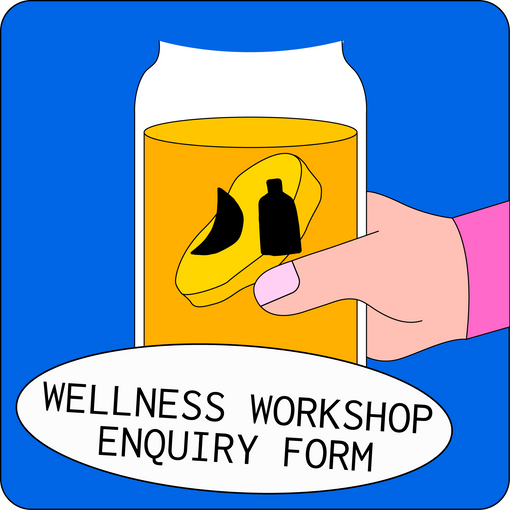An illustration of a hand holding a jar of kombucha with a SCOBY floating in it. On the bottom, a 'Wellness Workshop Enquiry Form' badge in a circle